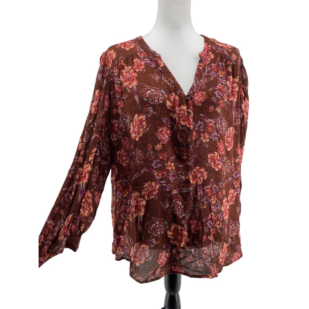 Floral Boho Top Women's Large Pullover Blouse Rust V-Neck Soft Rayon‎